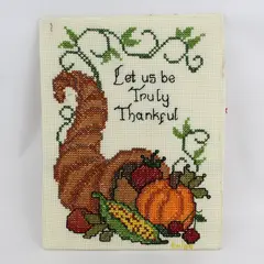1984 Let Us Be Truly Thankful Needlepoint Mounted  On Cardboard Signed 16" x12"