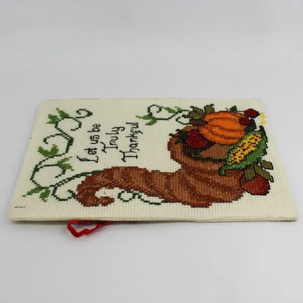 1984 Let Us Be Truly Thankful Needlepoint Mounted  On Cardboard Signed 16" x12"