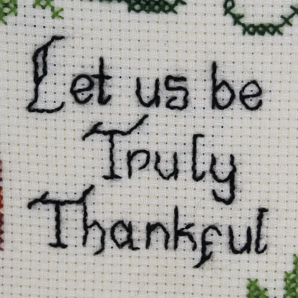 1984 Let Us Be Truly Thankful Needlepoint Mounted  On Cardboard Signed 16" x12"