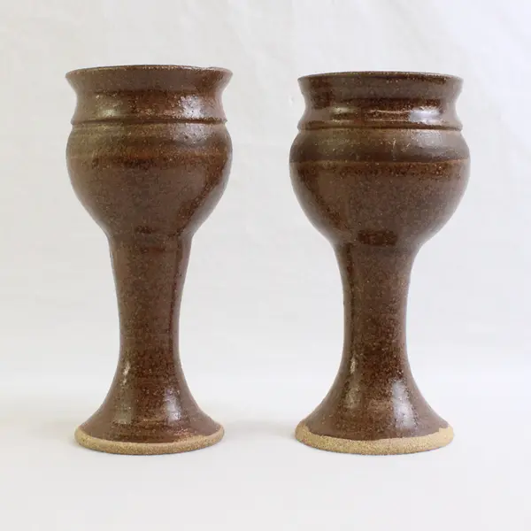  Set of 2 Studio Art Pottery Glazed Wine Chalice Goblets Brown Drip Signed Allen
