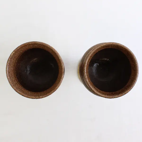  Set of 2 Studio Art Pottery Glazed Wine Chalice Goblets Brown Drip Signed Allen