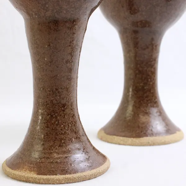  Set of 2 Studio Art Pottery Glazed Wine Chalice Goblets Brown Drip Signed Allen