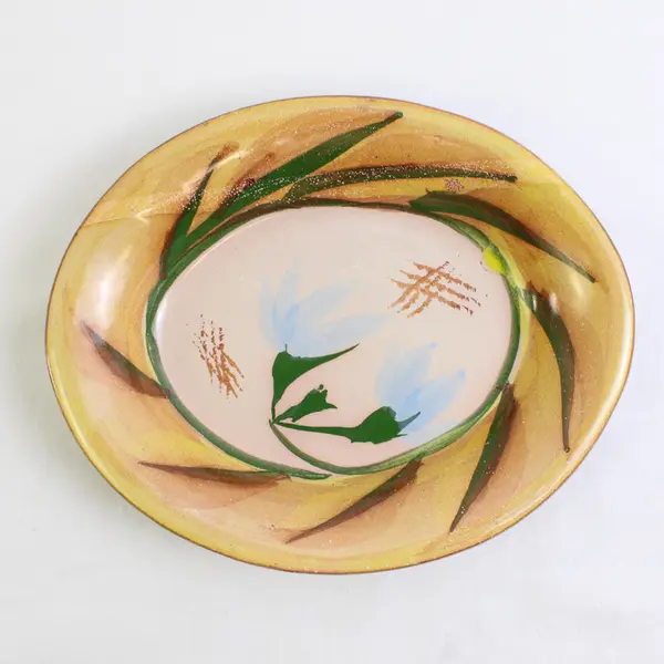 Gorgeous 8" Oval Studio Pottery Plate Abstract Flowers Yellow Green Signed Diana
