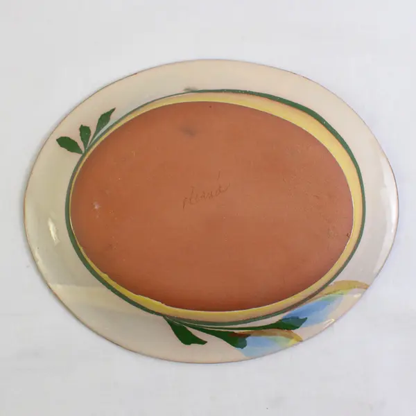 Gorgeous 8" Oval Studio Pottery Plate Abstract Flowers Yellow Green Signed Diana