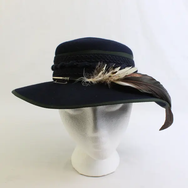 Traditional Austrian Tyrolean (Trachten) Black Braided Felt Hat 7.4" w/ Feather