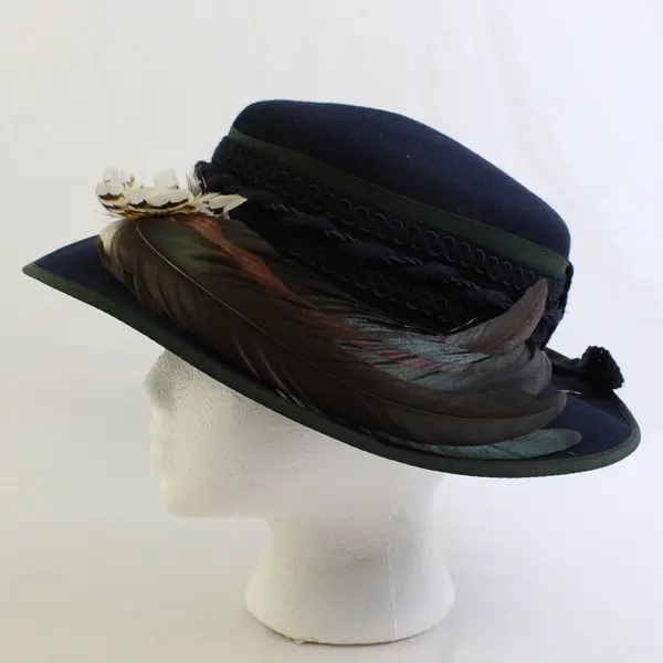Traditional Austrian Tyrolean (Trachten) Black Braided Felt Hat 7.4" w/ Feather