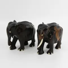 2 Vintage Hand Carved Ebony Wood Elephant Figures Statues