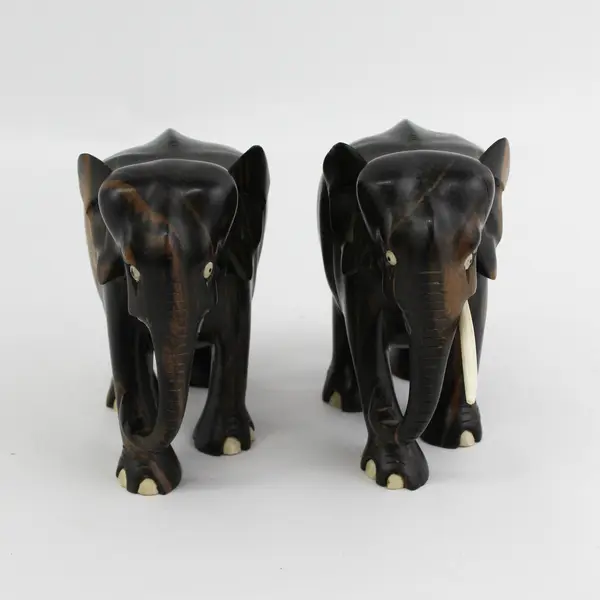 2 Vintage Hand Carved Ebony Wood Elephant Figures Statues
