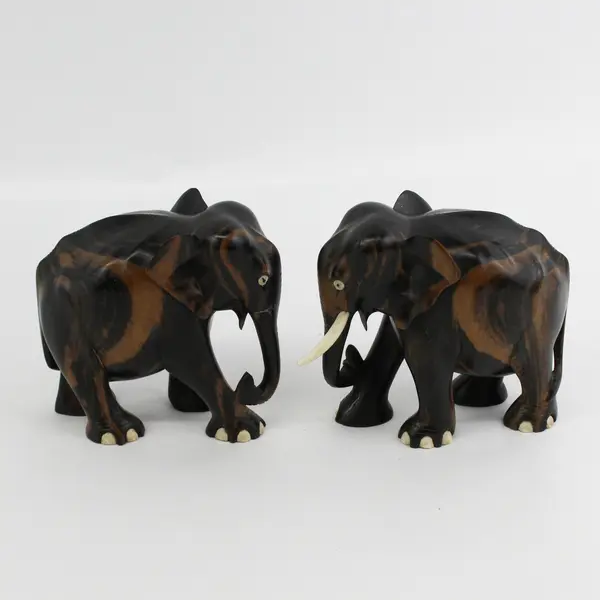 2 Vintage Hand Carved Ebony Wood Elephant Figures Statues