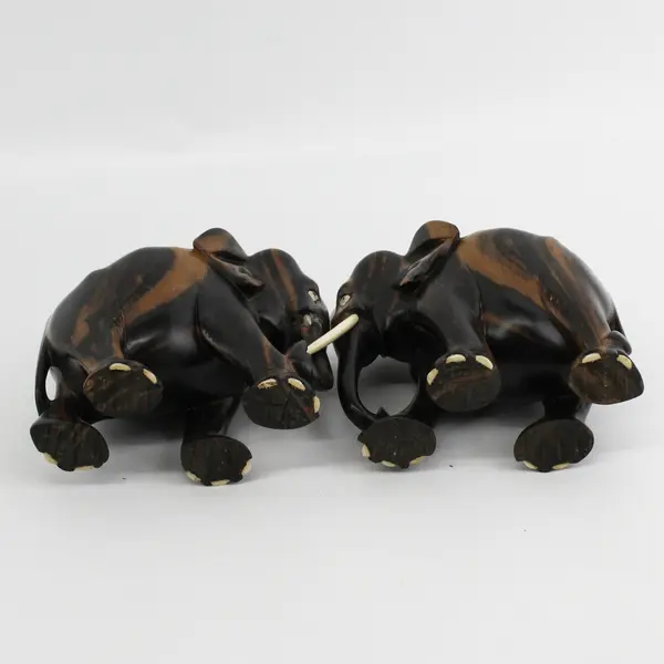 2 Vintage Hand Carved Ebony Wood Elephant Figures Statues