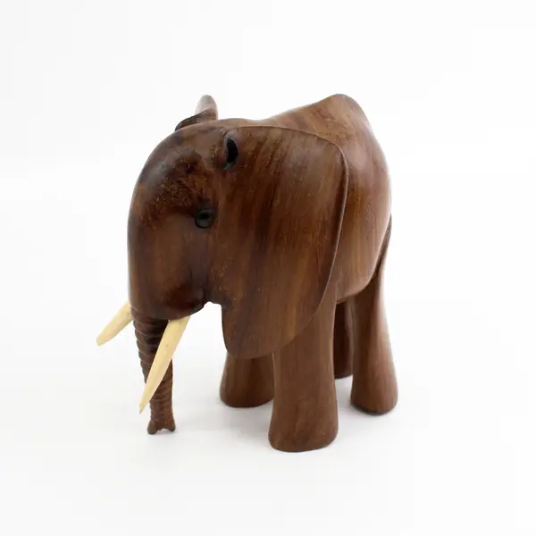 Vintage 8" Hand Carved Wood Elephant With Tusks