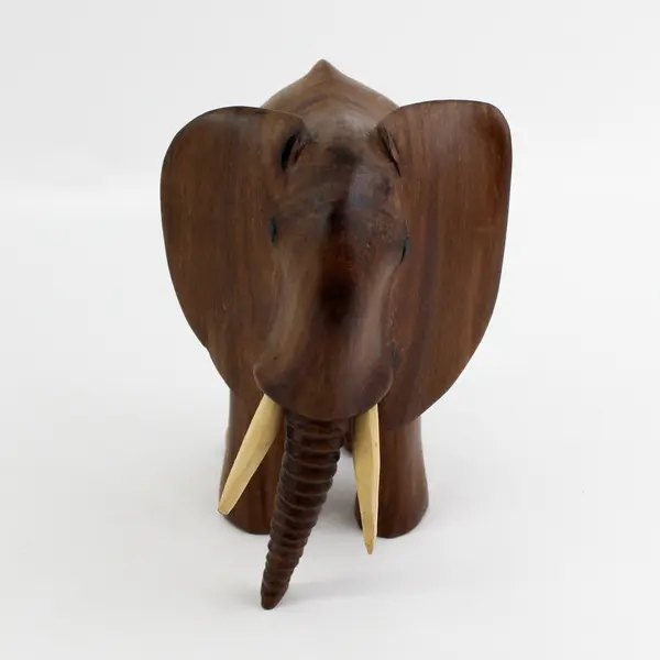 Vintage 8" Hand Carved Wood Elephant With Tusks