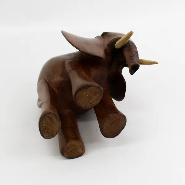 Vintage 8" Hand Carved Wood Elephant With Tusks