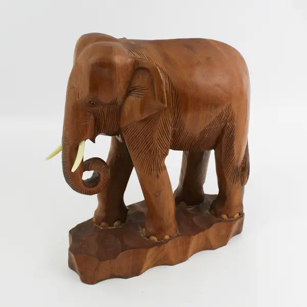 Hand Carved Large Teak Elephant W/Tusks Sculpture Figurine  12.5 inch
