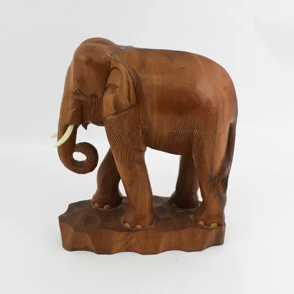 Hand Carved Large Teak Elephant W/Tusks Sculpture Figurine  12.5 inch
