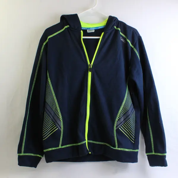 ASICS Youth L (14/16) Blue w/Green Trim Long Sleeve Full Zip Hoodie Jacket