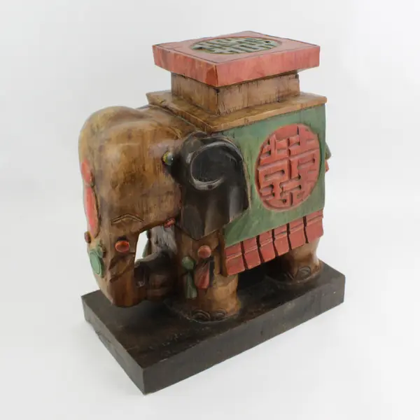 Ornately Carved Elephant Stool, Plant Stand, Table W/ Longevity Symbols 17"