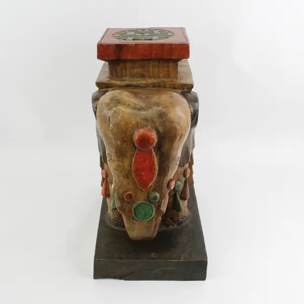 Ornately Carved Elephant Stool, Plant Stand, Table W/ Longevity Symbols 17"