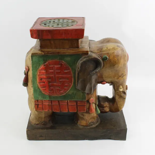 Ornately Carved Elephant Stool, Plant Stand, Table W/ Longevity Symbols 17"