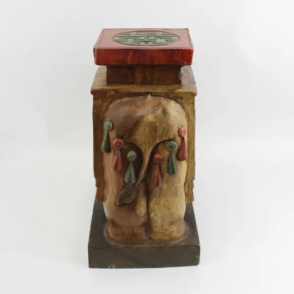 Ornately Carved Elephant Stool, Plant Stand, Table W/ Longevity Symbols 17"