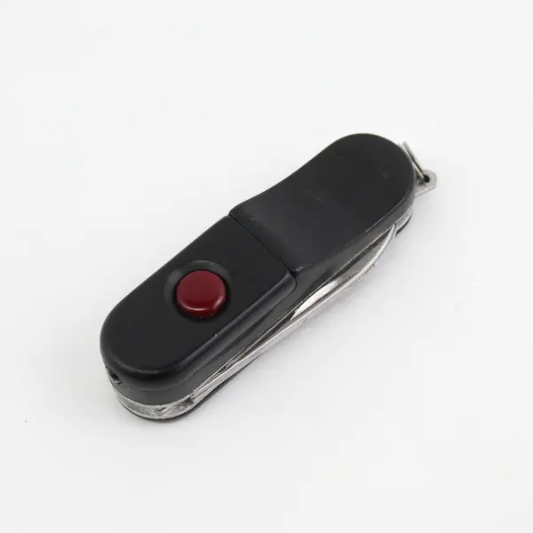 Black Pen Knife With A Single Blade, File, Scissors, Flashlight