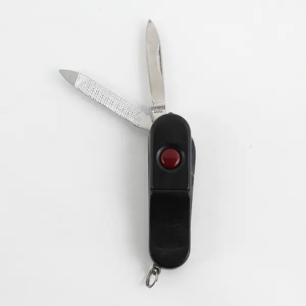 Black Pen Knife With A Single Blade, File, Scissors, Flashlight