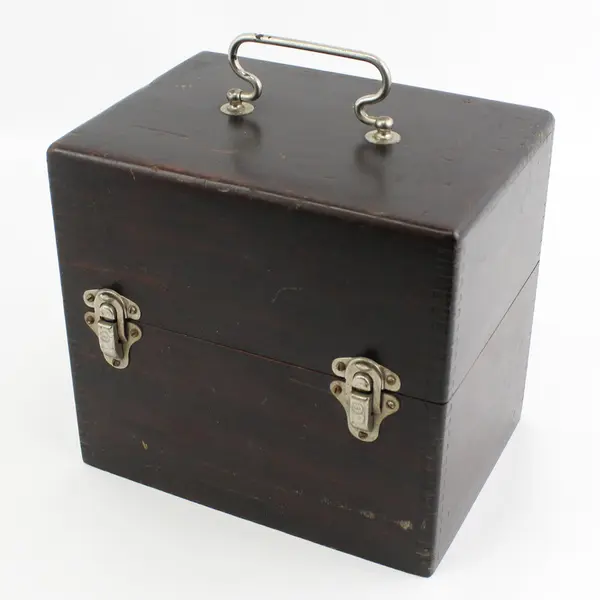 Vintage Brown Dovetailed Wood Box W/ A Metal Handle, Hinges And Clasps 8 3/4"