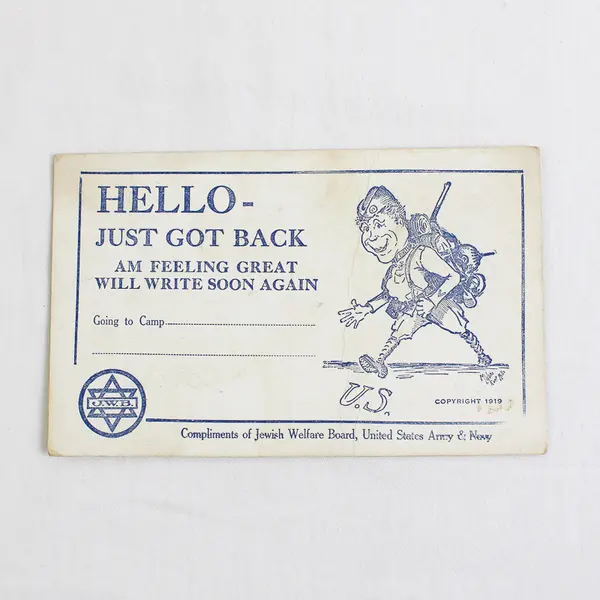 Hello Just Got Back Jewish Welfare US Army Navy Board Postcard 1919 WWI