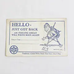 Hello Just Got Back Jewish Welfare US Army Navy Board Postcard 1919 WWI