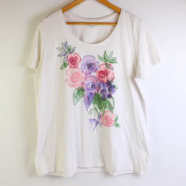 Laura Scott White Floral Short Sleeve T-Shirt 100% Cotton Women's Size XL