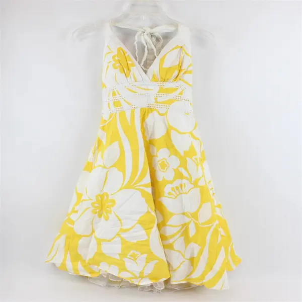 Y2K City Triangles Women's 7 Yellow & White Floral Halter Tie Neck Dress