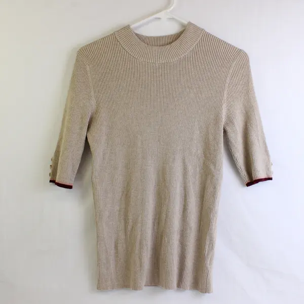 Retrology Women's L Beige Mock Neck Tight Knit Half Sleeve Shirt