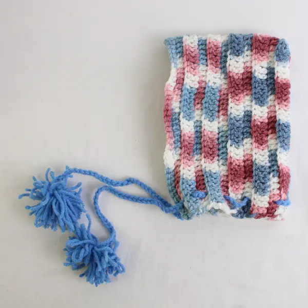 Handmade Pink Blue and White Knit Hood Hat Kids' Medium