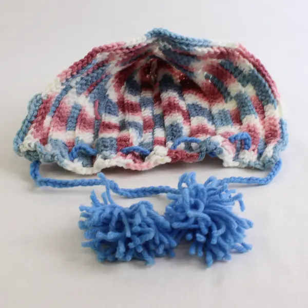 Handmade Pink Blue and White Knit Hood Hat Kids' Medium