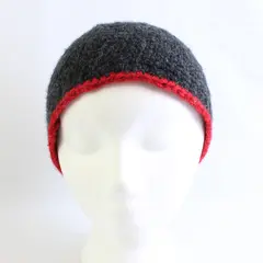 Women's Handmade Charcoal Gray and Red Knit Beanie Cap