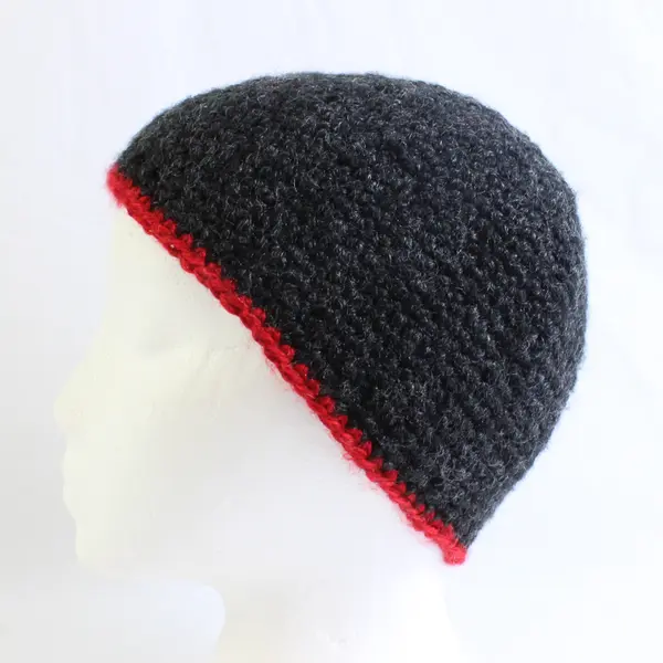 Women's Handmade Charcoal Gray and Red Knit Beanie Cap