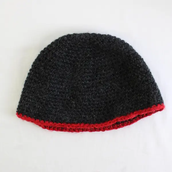 Women's Handmade Charcoal Gray and Red Knit Beanie Cap