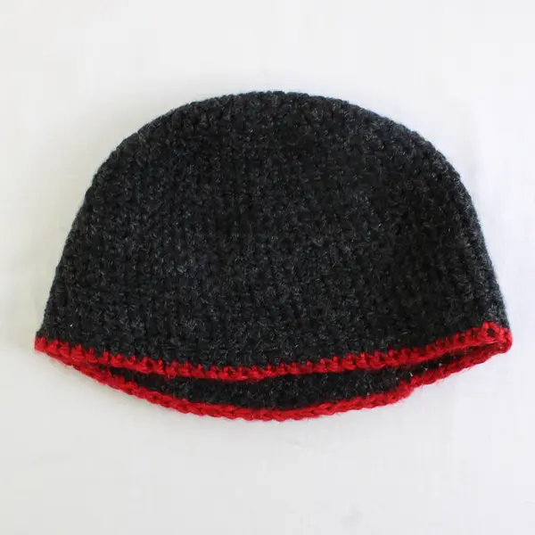Women's Handmade Charcoal Gray and Red Knit Beanie Cap