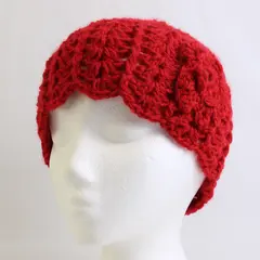 Women's Handmade Red Knit Beanie Cap Scalloped Edge Flower Accent