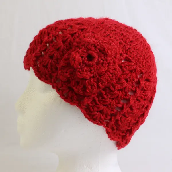 Women's Handmade Red Knit Beanie Cap Scalloped Edge Flower Accent
