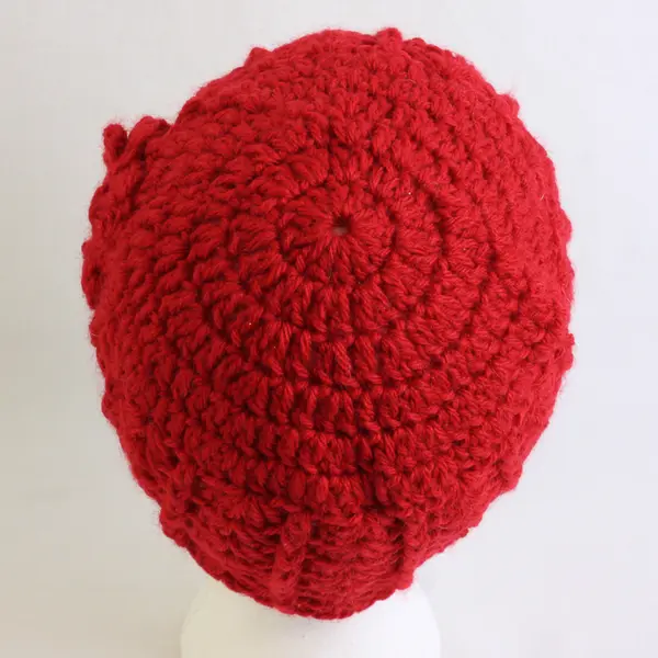 Women's Handmade Red Knit Beanie Cap Scalloped Edge Flower Accent