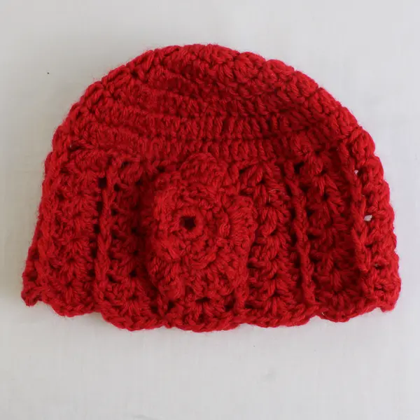 Women's Handmade Red Knit Beanie Cap Scalloped Edge Flower Accent