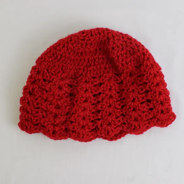Women's Handmade Red Knit Beanie Cap Scalloped Edge Flower Accent