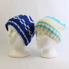 Lot of 2 Women's Handmade Blue and White Striped Knit Beanie Caps