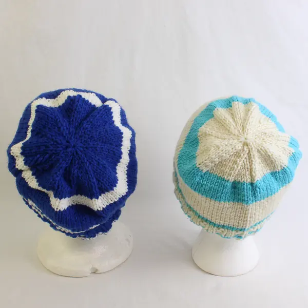 Lot of 2 Women's Handmade Blue and White Striped Knit Beanie Caps