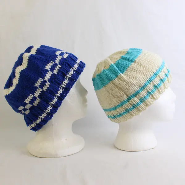 Lot of 2 Women's Handmade Blue and White Striped Knit Beanie Caps