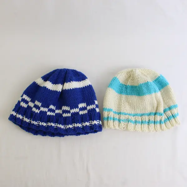 Lot of 2 Women's Handmade Blue and White Striped Knit Beanie Caps