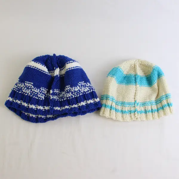 Lot of 2 Women's Handmade Blue and White Striped Knit Beanie Caps