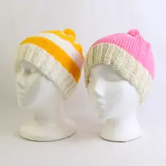 Lot of 2 Women's Handmade Yellow and Pink Striped Knit Pom Beanie Caps