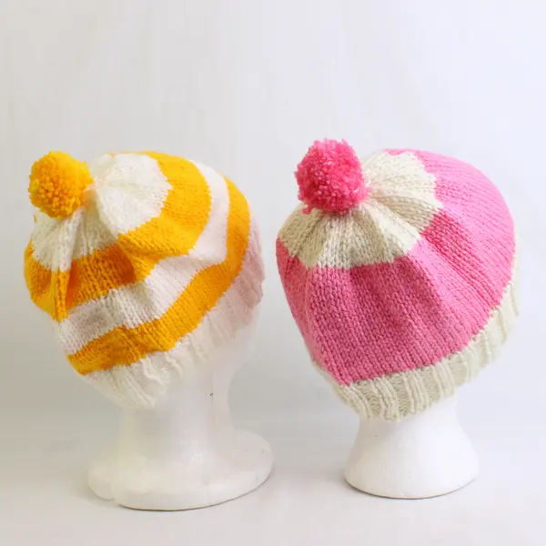 Lot of 2 Women's Handmade Yellow and Pink Striped Knit Pom Beanie Caps
